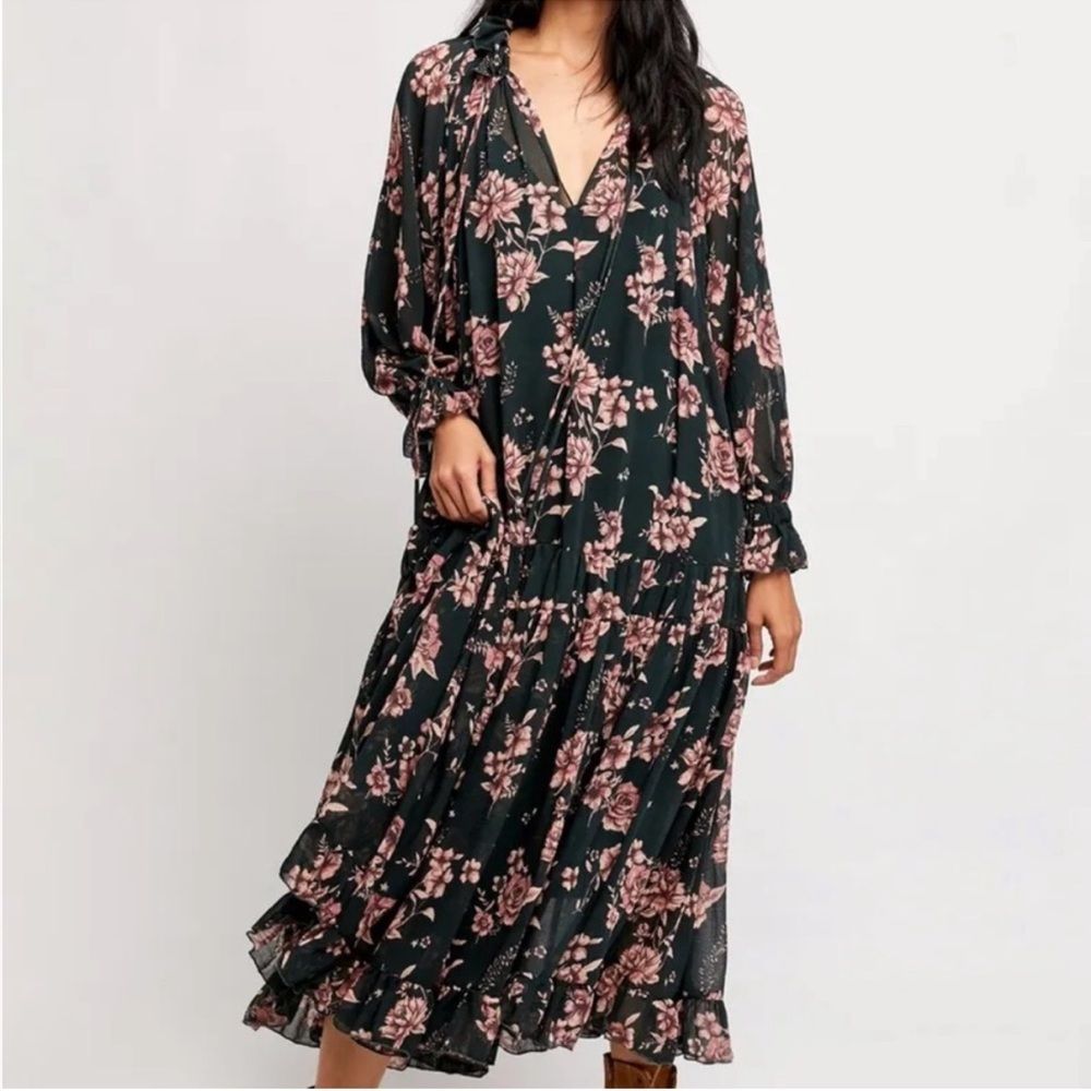 Free People Feeling Groovy Floral Black And Pink Maxi Dress With Slip Fits Med